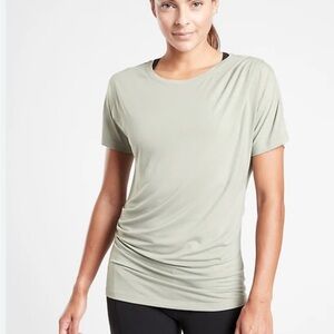 Athleta Women’s Size Large Essence Pleated Tee Short Sleeve Sage Green Ruched